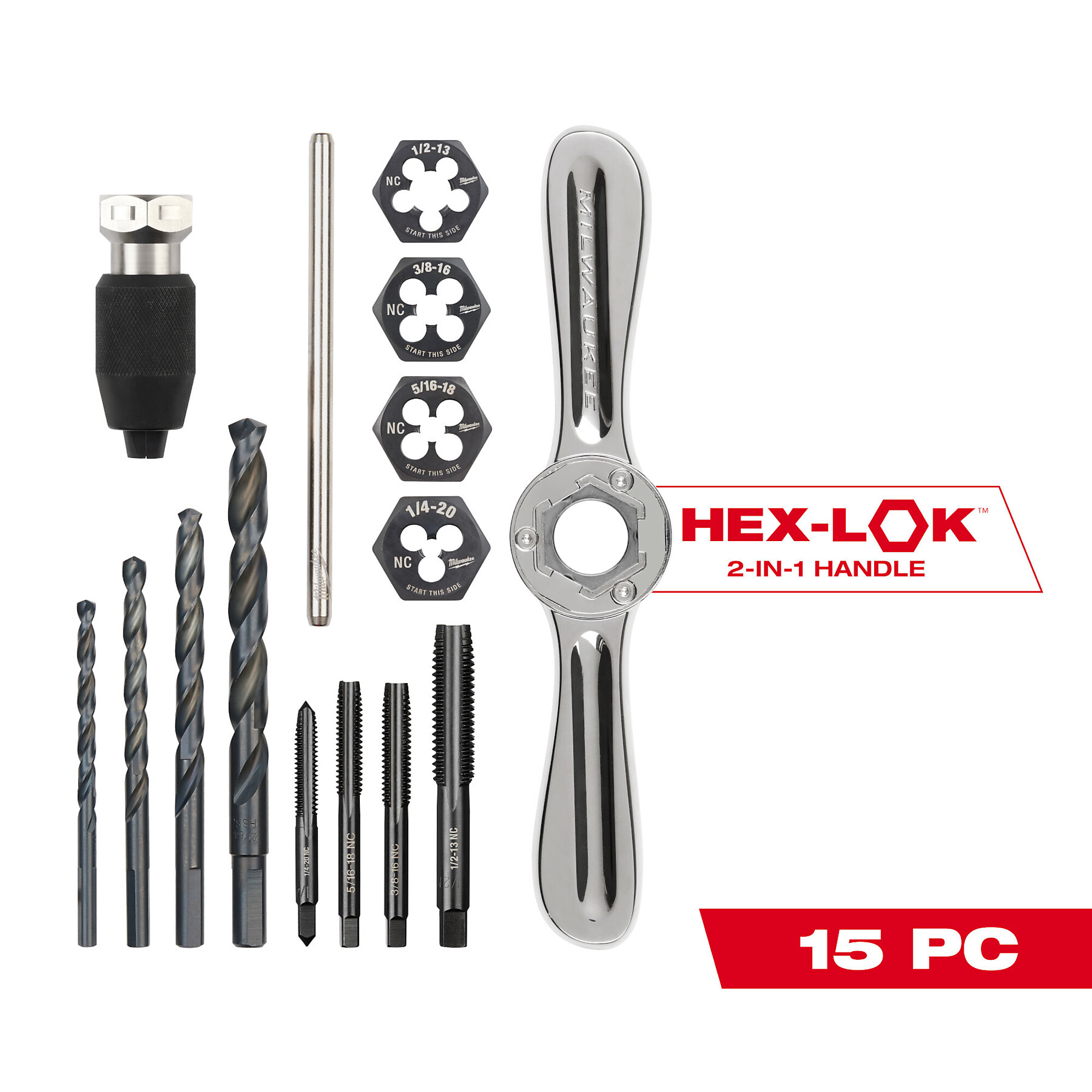 Milwaukee 15PC SAE Tap and Die Set with HEX-LOK™ 2-in-1 Handle, Model# 49-22-5602